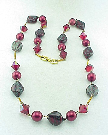 Vintage Red Art Glass Bead, Crystal And Pearl Necklace