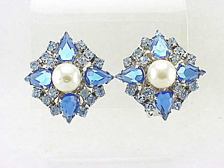 Vintage Blue Rhinestone And Pearl Clip Earrings