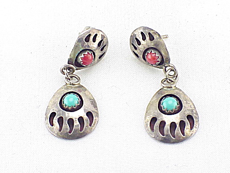 Native American Sterling Silver Turquoise And Coral Pierced Earrings