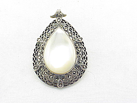 Vintage Sterling Silver, Mother Of Pearl, Marcasite Pendant Or Brooch