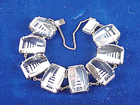 Vintage Japan Carved Rock Crystal Sterling Silver Pagoda Bracelet