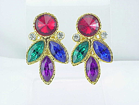 Red Rivoli And Green, Blue, Purple Navette Rhinestone Clip Earrings