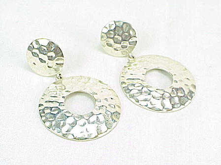 1960's Mod Style Hand Hammered Dangling Silver Tone Clip Earrings