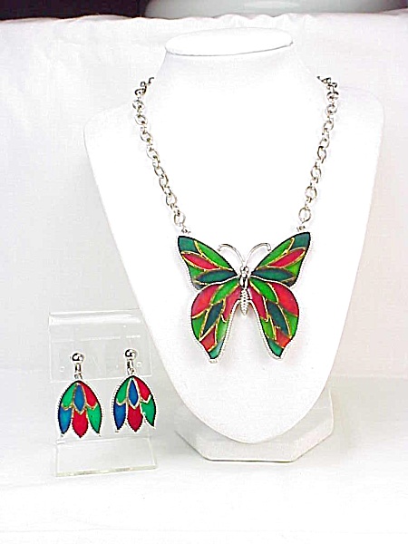 Vintage Celebrity Stained Glass Enamel Butterfly Necklace & Earrings
