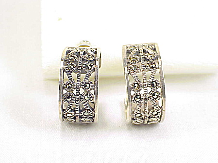 Sterling Silver Filigree And Marcasite Pierced Earrings Signed Gm