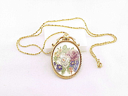 Vintage Clear Lucite Pendant Necklace With Painted Flowers