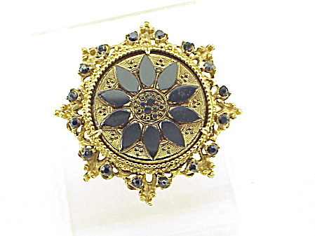 Vintage Florenza Black Gold Glass And Rhinestone Brooch