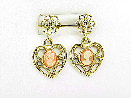 Vintage Style Dangling Cameo Heart Shaped Pierced Earrings