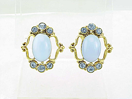 Vintage Faux Blue Glass Moonstone & Blue Rhinestone Clip Earrings