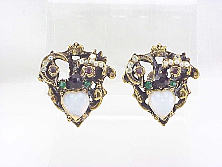 Vintage Unsigned Hollycraft Opal Pearl Rhinestone Screw Back Earrings