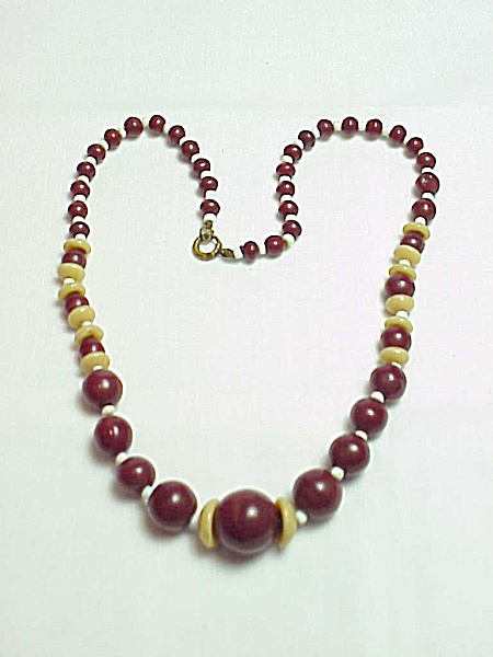 Vintage Dark Red, White And Taupe Glass Bead Necklace