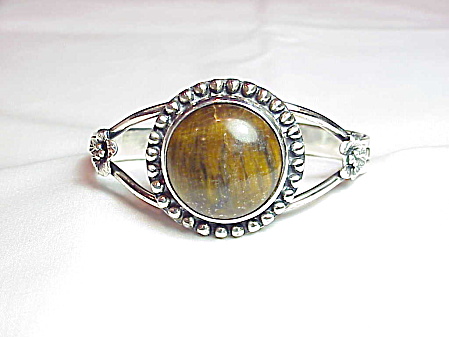 Sterling Silver And Tiger Eye Gemstone Cuff Bracelet With Flowers