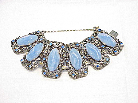 Vintage Wide Chunky Blue Rhinestone And Marbled Lucite Bracelet