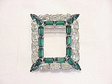 Vintage Emerald Green And Clear Rhinestone Combination Brooch Pendant