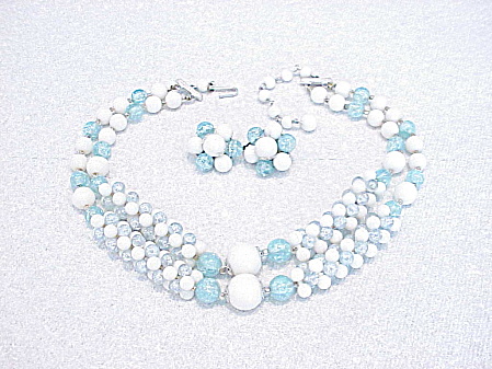 Vintage Japan Blue And White Bead Necklace And Clip Earrings Set