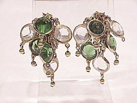 Lisner Dangling Green And Clear Rivoli Rhinestone Clip Earrings