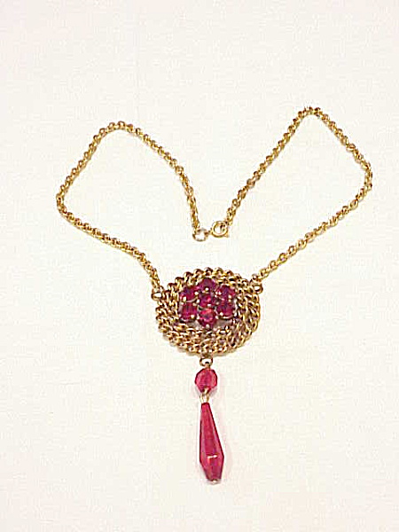 Vintage Art Deco Lavaliere Red Rhinestone Pendant Necklace