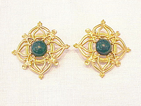 Large Matte Gold Tone And Dark Green Glass Pierced Earrings