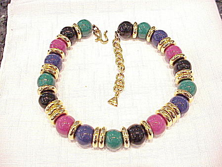 Liz Claiborne Pink, Blue, Green And Black Bead Choker Necklace
