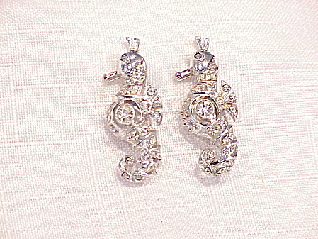 Vintage Pair Of Rhinestone Seahorse Scatter Pins Or Brooches