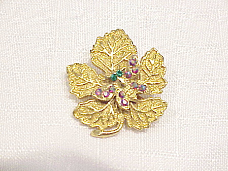 Vintage Rhinestone Butterfly On Gold Tone Leaf Brooch
