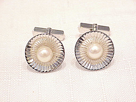Vintage Classic Style Sterling Silver And Pearl Cufflinks