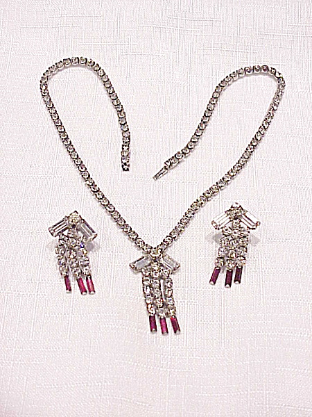 Vintage Red And Clear Rhinestone Necklace And Screwback Earrings Set
