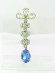 VINTAGE LONG DANGLING BLUE AND CLEAR RHINESTONE BROOCH