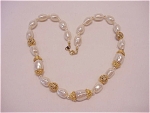 BAROQUE PEARL AND GOLD TONE FILIGREE BEAD NECKLACE SIGNED TN