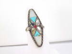 NATIVE AMERICAN ZUNI STERLING SILVER INLAID TURQUOISE MOP CORAL RING