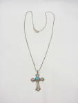 NATIVE AMERICAN SAND CAST STERLING SILVER AND TURQUOISE CROSS NECKLACE