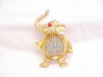 VINTAGE GOLD TONE LUCKY ELEPHANT BROOCH WITH CRYSTAL RHINESTONE BELLY