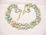 VINTAGE HONG KONG DOUBLE STRAND BLUE GREEN LUCITE BEAD NECKLACE