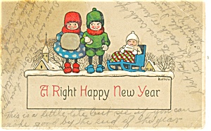 New Years Vintage Postcard Kids In Winter Gear P13279