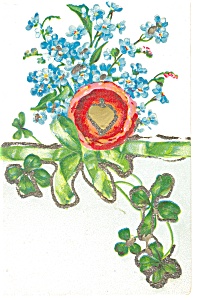 Vintage Postcard Flower Bouquet And Clover Glitter P13282
