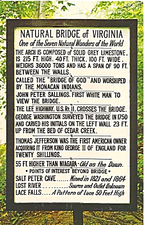 Natural Bridge Virginia Sign With Bridge Information P32007