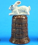 K4131 White Rabbit on Basket Thimble, about 2" high, new porcelain miniature. 
