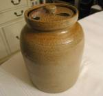 Antique saltglaze crock with tobacco spits. The large brown spots are called: tobacco spits. This is likely a tobacco jar but possibly a cookie jar. It is very rare to find a lid with these old saltgl...