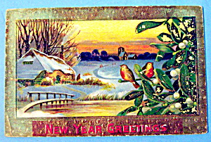 New Year Greetings Postcard With Town Covered In Snow
