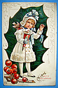 Merry Christmas Postcard W/ Girl Holding Bag Of Snacks