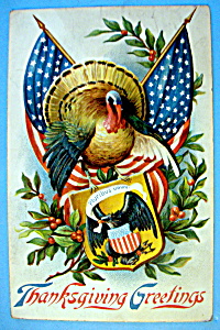 Thanksgiving Greeting Postcard w/Turkey & Flags (Image1)