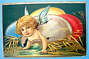 Easter Greetings Postcard w/Angel Coming Out of Egg (Image1)