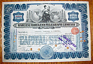 1913 Marconi Wireless Telegraph Co Stock Certificate