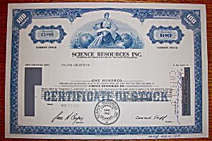 1962 Science Resources Incorporated Stock Certificate