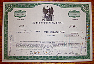 1972 E-systems Inc. Stock Certificate