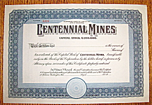 1920's Centennial Mines Stock Certificate