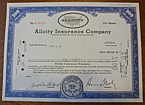 1971 Allcity Insurance Company Stock Certificate