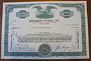 1969 Jefferson Stores Inc. Stock Certificate