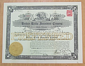 1915 Bankers Realty Investment Co Stock Certificate