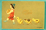 Easter Greetings Postcard w/Boy & 3 Chicks